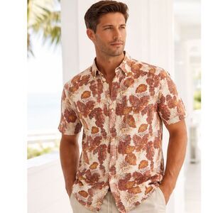 Banana Republic Linen Camp Shirt Slim Fit Tropical Floral Rust Cream Summer L